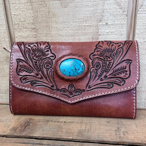 NWT New American Darling Leather Turquoise Stone Snap Wallet Women Bag